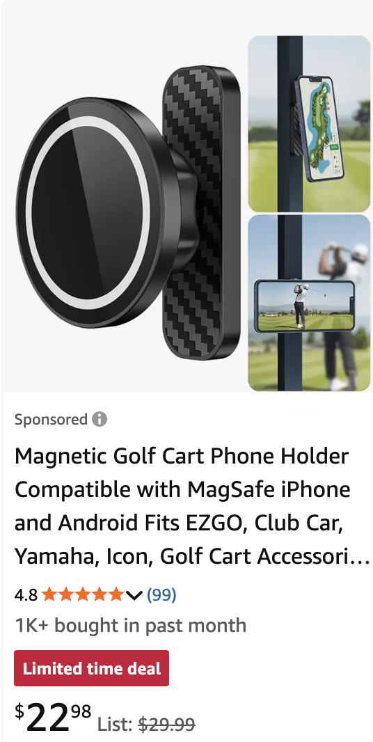 Magnetic Golf Cart Phone Holder Compatible with MagSafe iPhone and Android Fits EZGO, Club Car, Yamaha, Icon, Golf Cart Accessories Valentines Day Gifts for Him Men Women Golfers